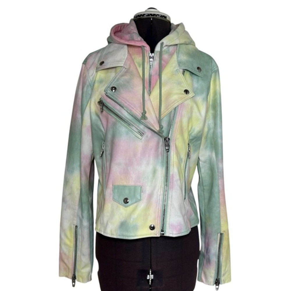 BLANKNYC Greener Pasture Tie Dye Faux Leather Removable Hoodie Moto Jacket L